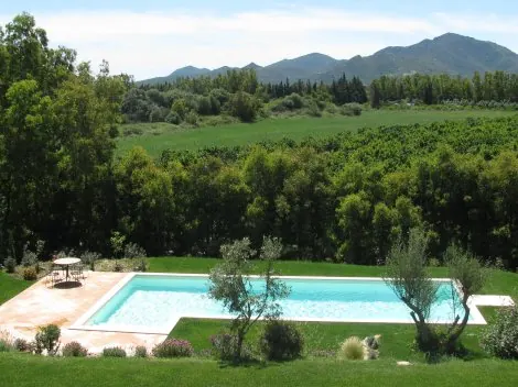 View of the pool and hills